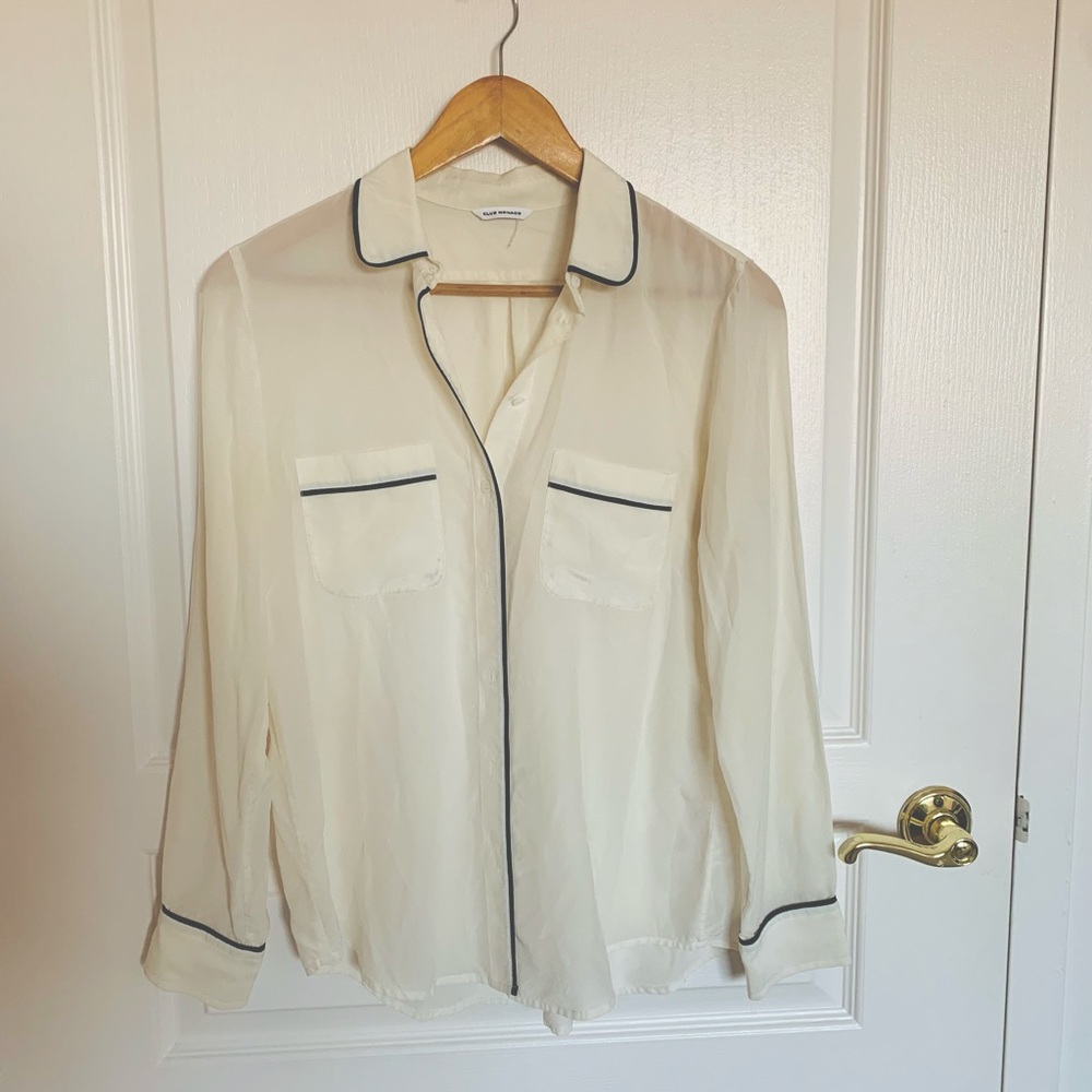 Club Monaco white blouse with navy trim
